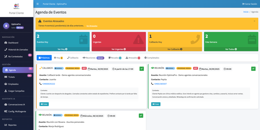 Agenda operativa con recordatorios y seguimientos