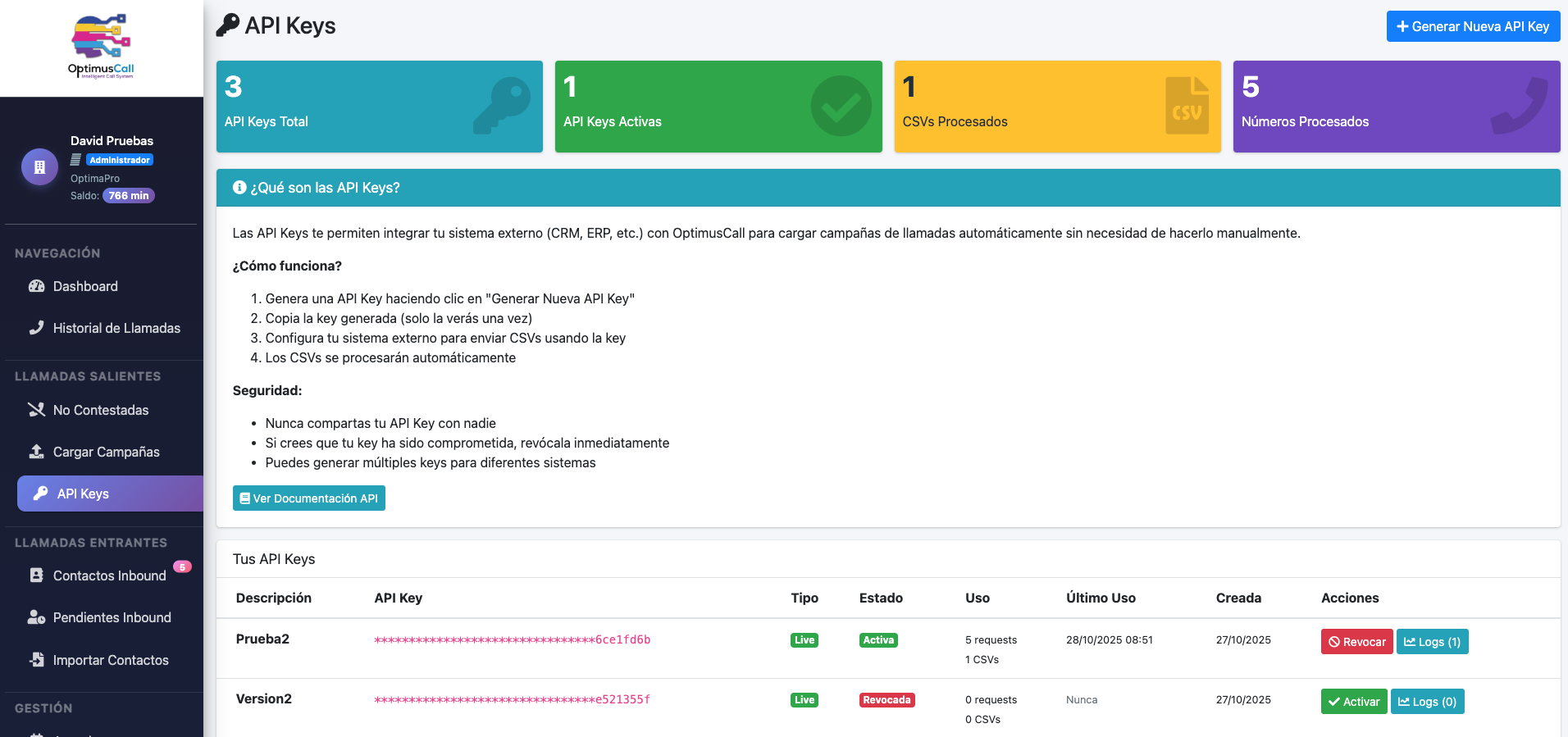 Panel de API Keys - OptimusCall v4.7